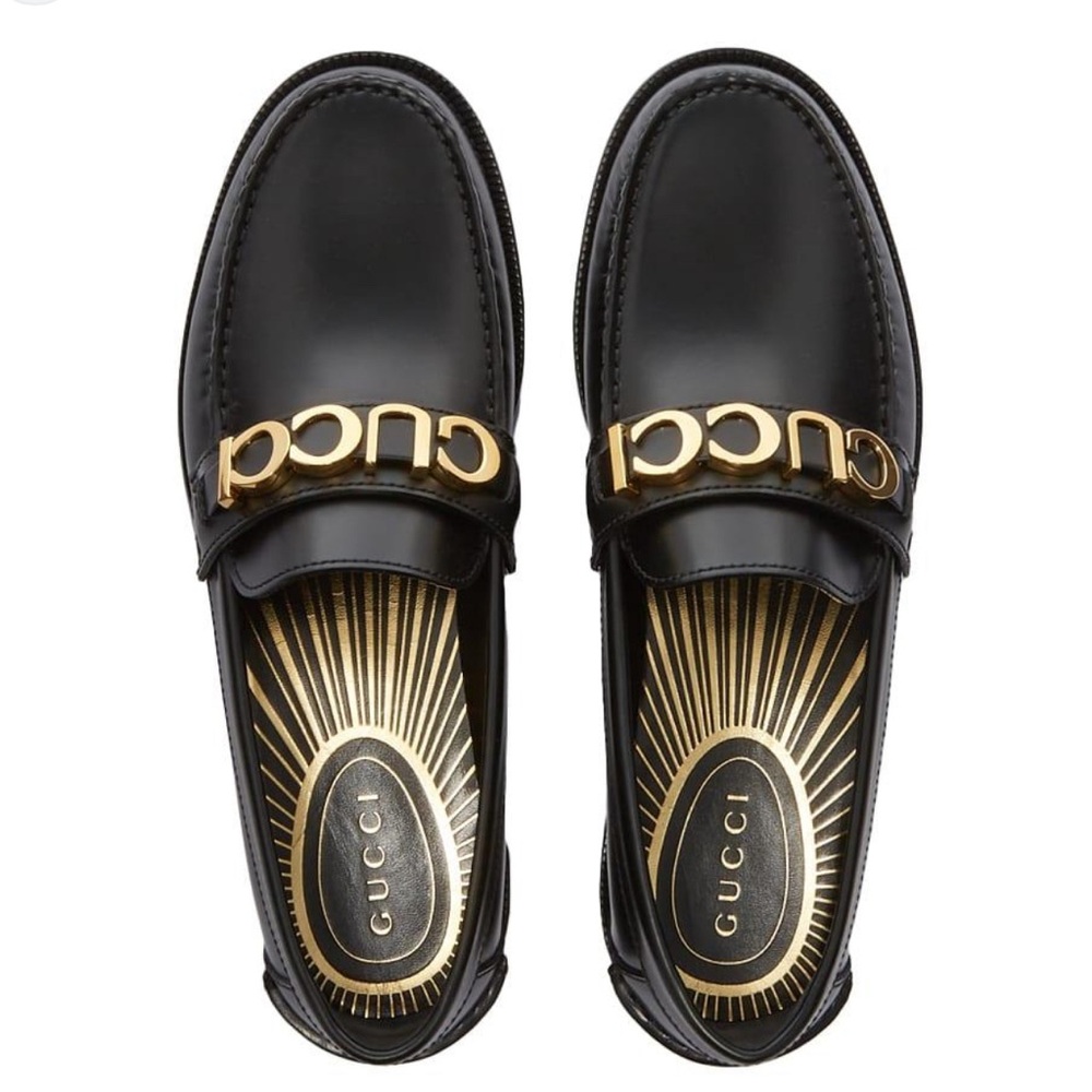 Gucci Black Leather Loafers with Gold Logo